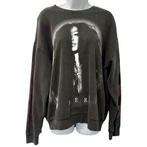 H.E.R. HER Charcoal Gray Pink Star Rhinestone Crew Neck Oversize Sweatshirt sz S